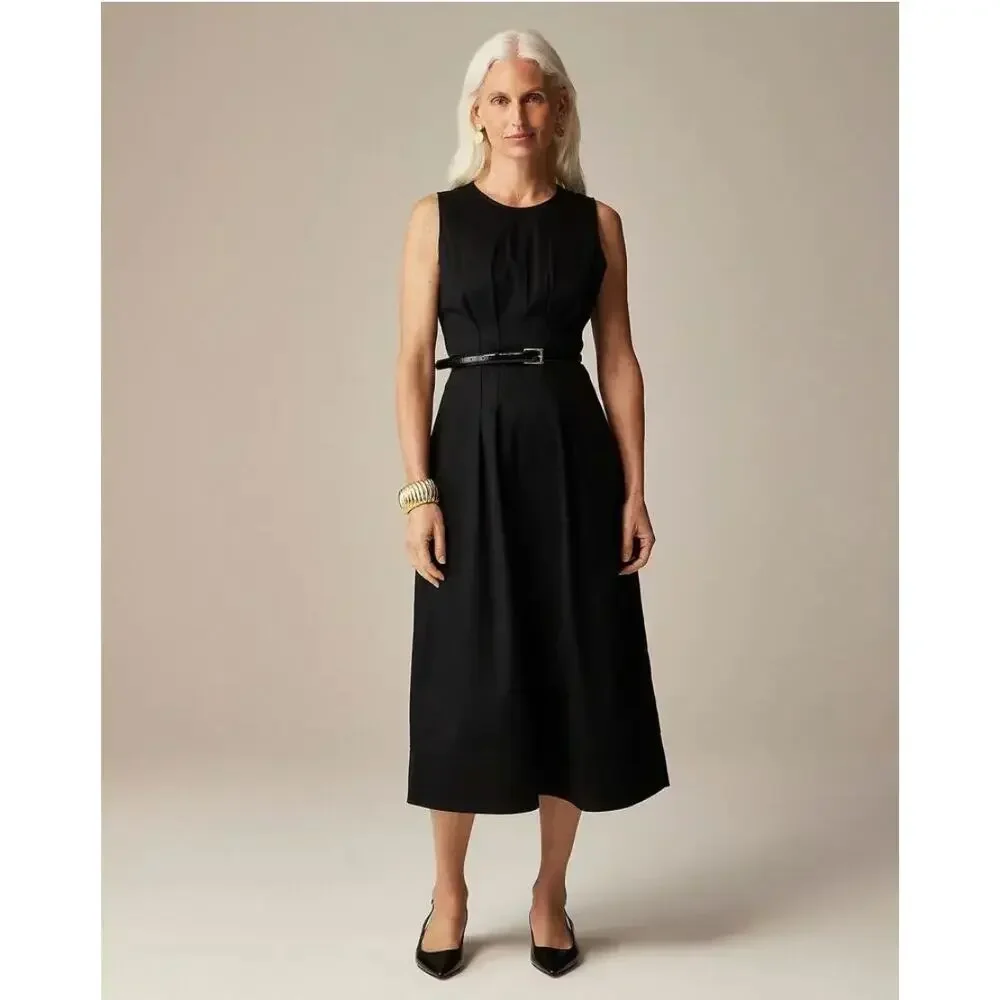 NWT J. Crew Pintuck Midi Dress in Stretch Twill Black CD361 Size 8